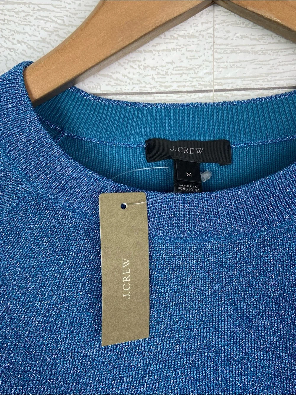 NWT JCREW Blue Sparkle Shimmer Side Slit Crew Sweater Metallic Medium New